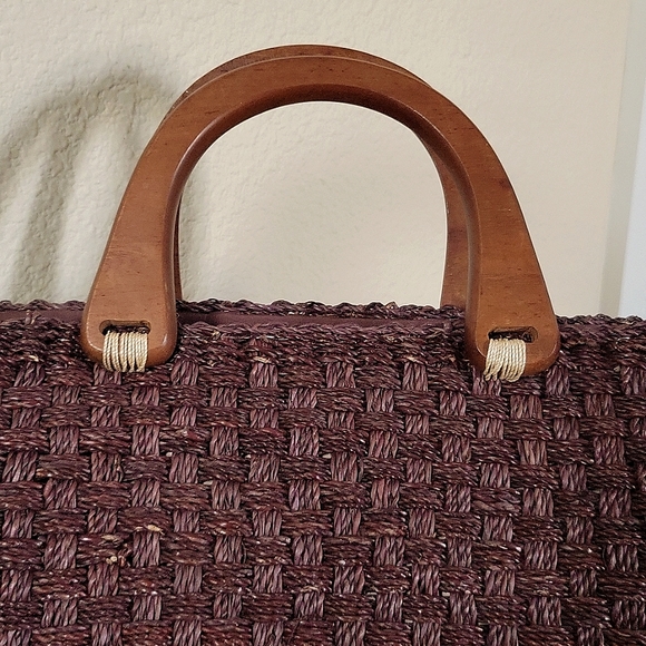 Wooden Top Handle Dark Brown Woven Purse - Picture 2 of 7